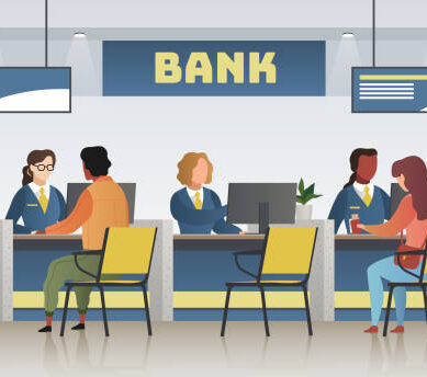 Bank office interior. Professional banking service, finance manager and clients. Credit, deposit consult management and counter serviced indoor payment cashier vector concept