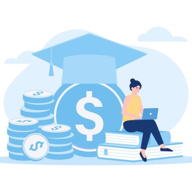 College tuition graduation, scholarship education. Coins, academic cap diploma concept flat illustration