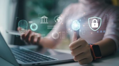 Women use fingerprint identification to access personal financial data. for E-KYC electronic know your customer, biometrics security, innovation technology against digital cybercrime